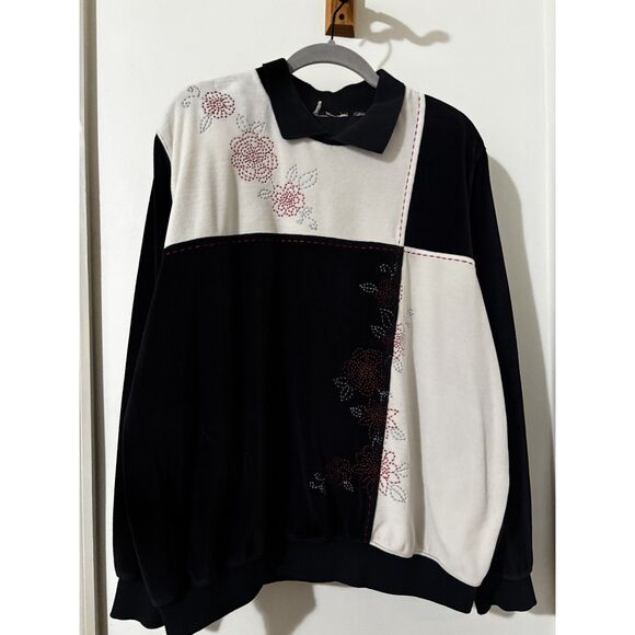 Vintage Velour Floral Embroidered Polo Sweatshirt Retro Cottagecore GrandmaCore - Picture 9 of 9